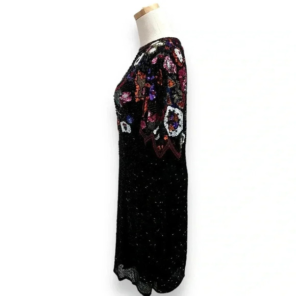 Vintage Retro 80's Silk Hand Beaded Sequin Black Niteline Evening Midi Dress 12 - Picture 9 of 13